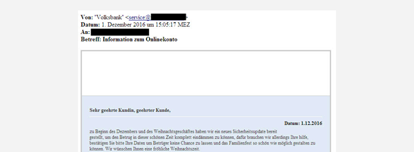 Phishing-Mail Volksbanken Raiffeisenbanken Onlinekonto Beispiel einer Phishing-Mail mit Informationen zum Online-Konto