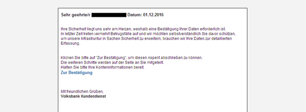Phishing-Mail Volksbanken Raiffeisenbanken Onlinekonto Beispiel einer Phishing-Mail mit Informationen zum Online-Konto