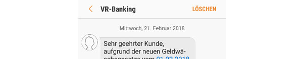Phishing-SMS Geldwäschegesetz Ansicht der Phishing-SMS, in der sich Betrüger auf das Geldwäschegesetz berufen